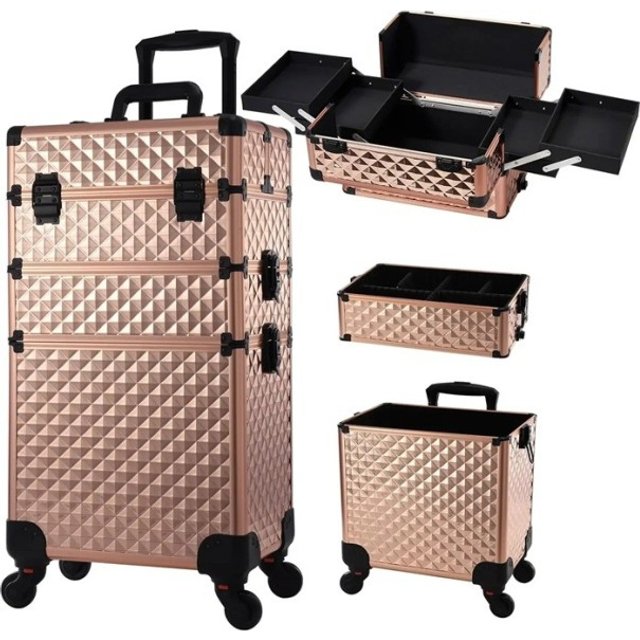 Mobiler Make-up Koffer 3 in 1 mit Rollen 34 x 24 x 41 cm Abnehmbarer abschließbarer Kosmetikkoffer PVC Professioneller Kosmetikorganizer golden