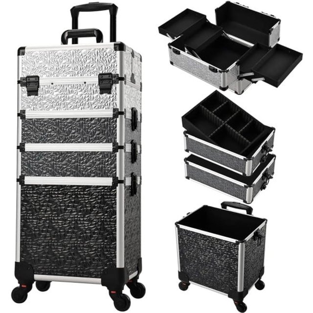 Mobiler Make-up Koffer 4 in 1 mit Rollen 34 x 25 x 76 cm Wasserfest Verschließbarer Kosmetikkoffer PVC Professioneller Organizer