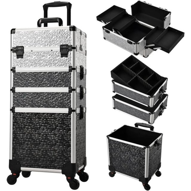 Mobiler Make-up Koffer 4 in 1 mit Rollen 34 x 25 x 76 cm Wasserfest Verschließbarer Kosmetikkoffer PVC Professioneller Organizer