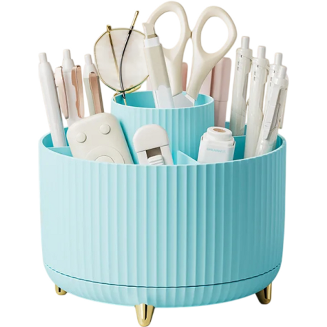 Obrotowy organizer na kosmetyki 360° 14 x 14 x 12 cm Plastikowe pudełko do przechowywania pędzli do makijażu, szminek, długopisów, uchwyt niebieski