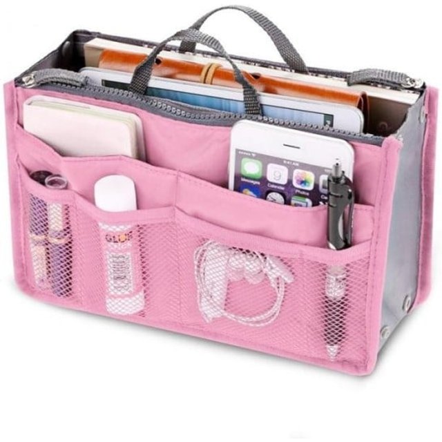 Organizer do torebki na kosmetyki i drobiazgi Torba podróżna z uchwytami i zamkiem Wiele kieszeni i przegródek Poliester 27 x 16 x 9 jasnoróżowy