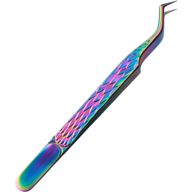 Pinzeta do rzęs esowata Zgięty koniec 13,5 cm Antystatyczna stal nierdzewna Holograficzny design w kształcie łusek Do aplikacji rzęs i stylizacji brwi