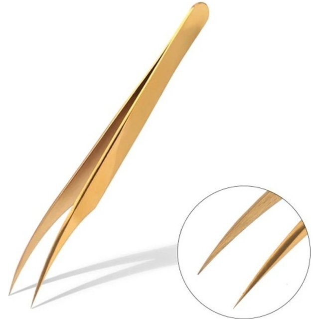 Pinzette für Wimpern Gerade spitze Spitzen Edelstahl Rutschfeste Oberfläche Verjüngte Arme Gold Für Wimpernverlängerung und Nagelkunst