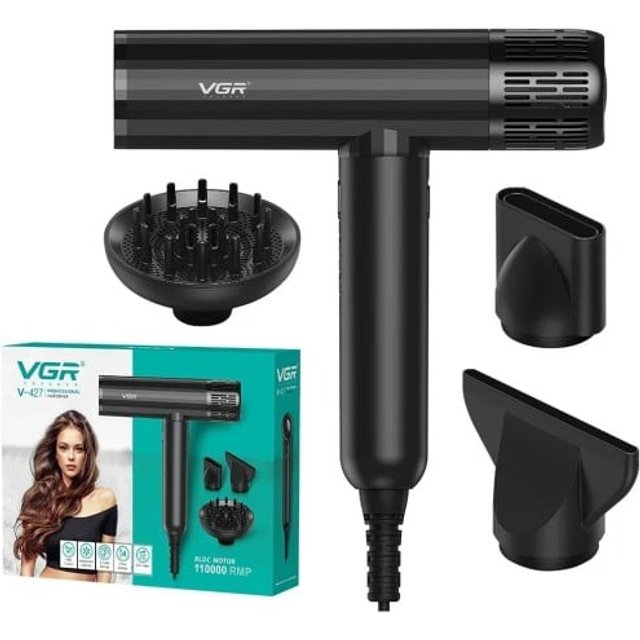 Professioneller Haartrockner mit bürstenlosem Motor 110.000 U/min mit Ionen schwarz 3 Temperaturen und 4 Geschwindigkeiten mit Aufsätzen für unterwegs