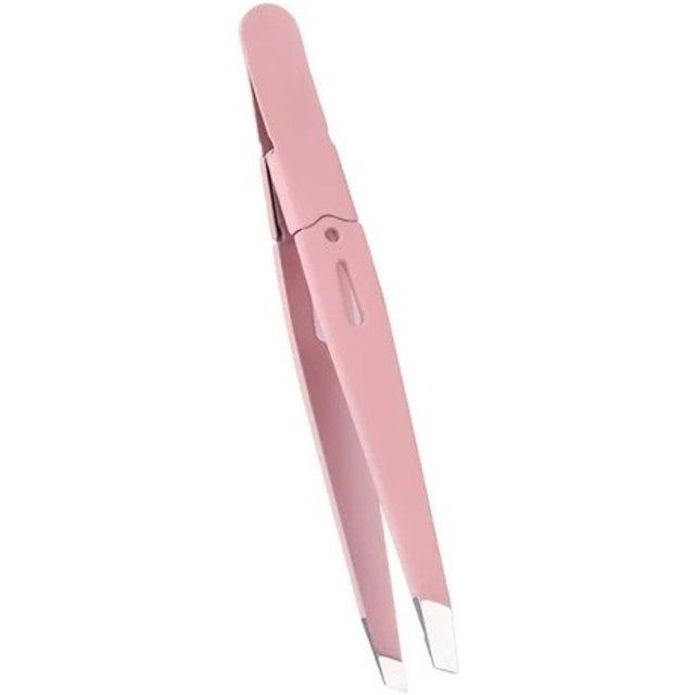 Schräg abgeschrägte Pinzette für Augenbrauen Länge 9,5 cm Edelstahl Griff mit Rille Mattierte Oberfläche Für Augenbrauenpflege und Haarentfernung rosa