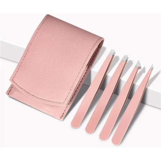 Set kosmetischer Pinzetten 4 Stück Mit schrägen und spitzen Spitzen Länge 9,5 cm Edelstahl Etui 10,2 x 7,3 cm Für Augenbrauen und einzelne Härchen rosa