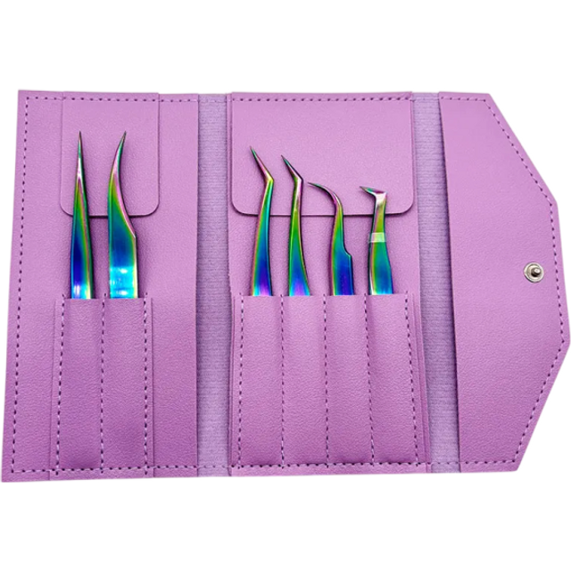 Set von Wimpernzwicken 6 Stück Gerade, gebogene und gebrochene Spitzen Edelstahl Lila faltbare Tasche Für Volumen- und klassische Verlängerungen mehrfarbig