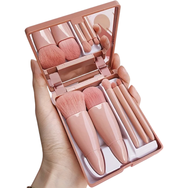 Składany zestaw 5 pędzli do makijażu podróżnego, 11 x 8,6 cm, przenośny zestaw z lusterkiem, plastikowe etui, miniaturowe pędzle z wełny brązowy