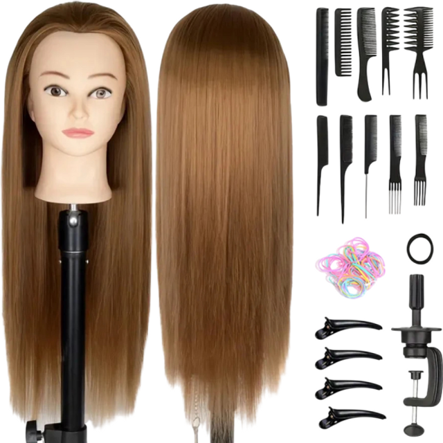 Übungspuppe Kopf für Friseurtraining und Haarflechten lange Haare ca. 61 cm hellbraun mit Friseurzubehör