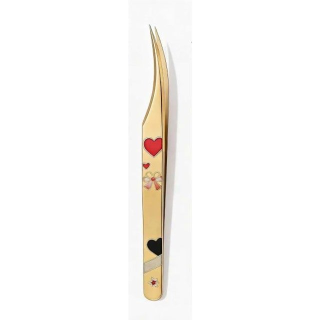 Wimpernpinzette mit feinen spitzen Spitzen Gebogene Form Edelstahl Goldene Farbe mit Herz- und Schleifenmotiv Für das gerade Wimpernverlängern