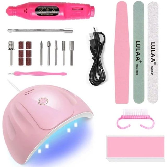 Zestaw do manicure z lampą LED, wiertarką do paznokci, narzędziami do pielęgnacji paznokci, pilnikami, bloczkiem polerskim i akcesoriami do manicure