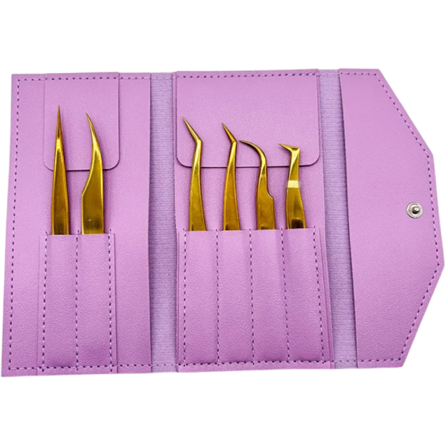 Zestaw pęset do rzęs 6 szt. Proste, zakrzywione i złamane końcówki Stal nierdzewna Fioletowe składane etui Do przedłużania złoto