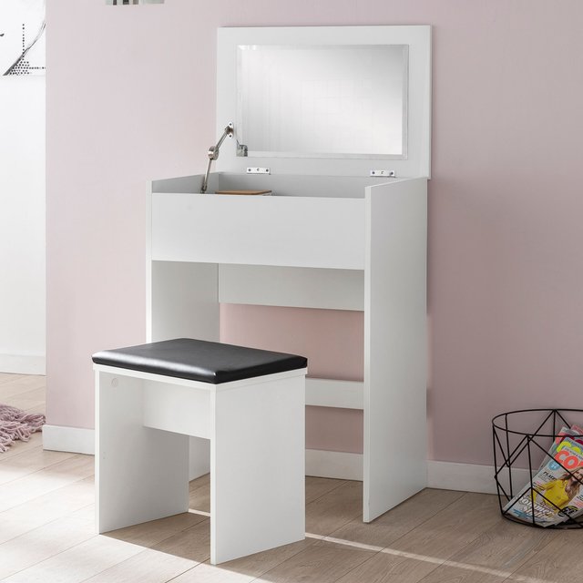 FineBuy Schminktisch FB51641 60x81x40 cm Weiß Konsolentisch Holz Modern, Kosmetiktisch mit Hocker und Spiegel, Weißer Frisiertisch mit Klappfach, Moderner Make-Up-Tisch Mädchen Groß