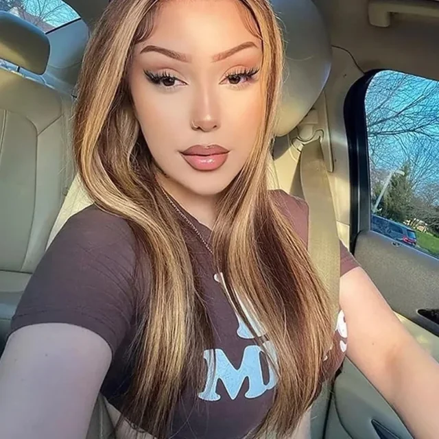 13x4 Lace Front Human Hair Wigs for women P4/27 Highlight Ombre Brown Straight Frontal Pre Plucked