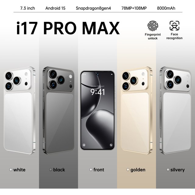 I17 Pro Max Wireless Charging 5G Android Smartphone Network Unlocked 7.3 FULL HD 72+108MP Dual Camera Facial Recognition
