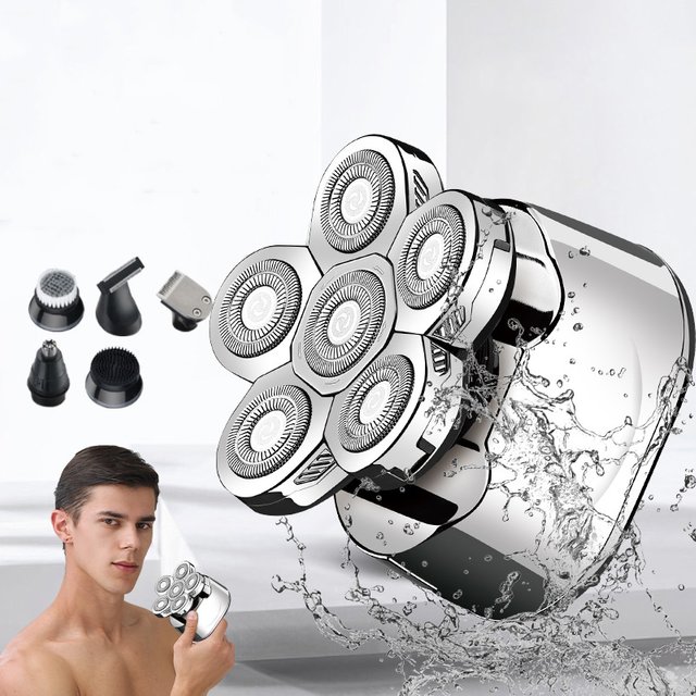 6 In 1 Headshaver USB Groomer Waterproof Rotary Razor Foil Head Barber Beard Nose Hair Trimmer Electric Shaver for men