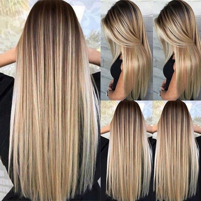 hot selling Women Super Long Middle Part Gloss High Temperature Fiber Synthetic Hair Golden Straight Wig for Banquet