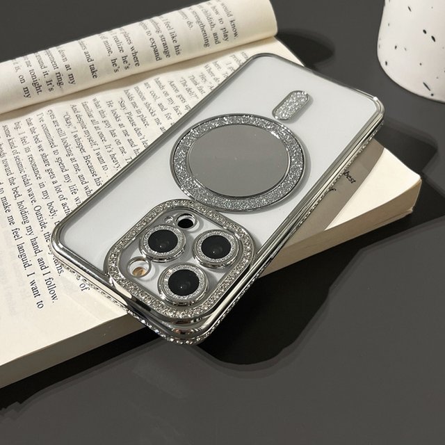 Glitter Magnetic Make Up Mirror Phone Case For IPhone17 16 15 11 12 13 14 Pro Max Shiny Diamond Plating Clear Protective Cover