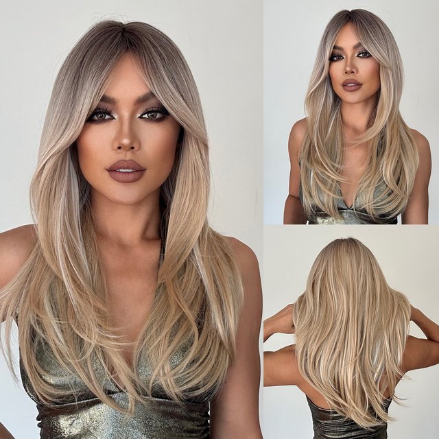 Long Straight Layered Wigs Blonde Platinum Highlight Wig with Bangs Cosplay Daily Use Natural Hair Heat Resistant Wig for women