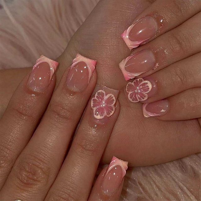 Short Bright Face Generous Armour Europe And The United States Cross-border Foreign Trade French Relief Flower Pearl Detachable Wear Nail Art 24 Piece