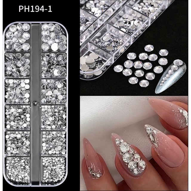 Nail Art Round White Color Flat Bottom Diamond 12 Grid Long Strip Fingertip Diamond Decoration AB Diamond Resin Nail Jewelry