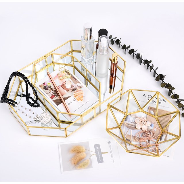 Mirror Tray, Perfume Tray, Vanity Makeup Decorative Jewelry Tray with Metal for Dresser Bathroom Bedroom Countertop Organizer