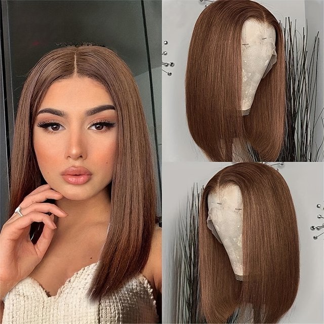 13*4 Lace Front Human Hair Wig Straight Short Bob Wig Chocolate Brown Transparent Straight Lace Wig Indian Hair Wigs for women