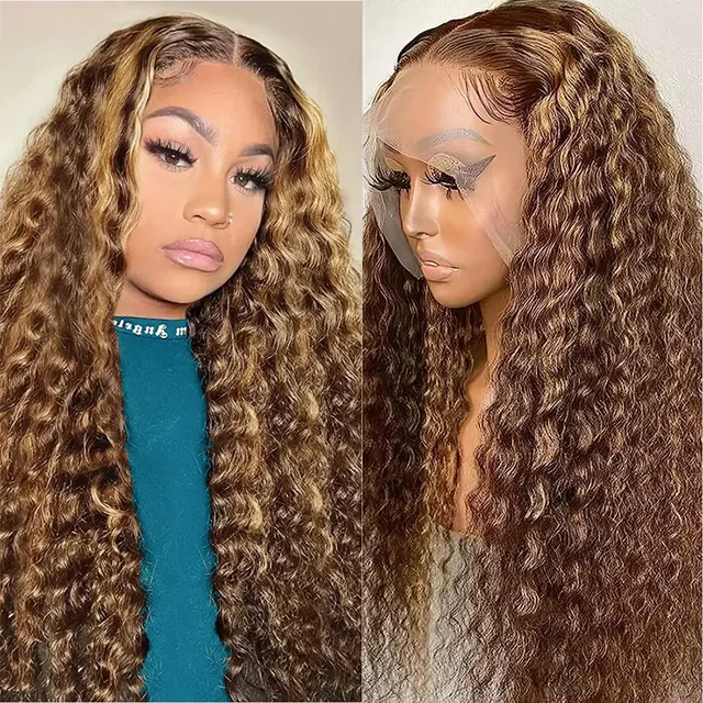 Highlight Brown Deep Wave Lace Front Wig Human Hair Wigs Lace Frontal Wig Pre Plucked Honey Blonde Colored Remy Wigs for women