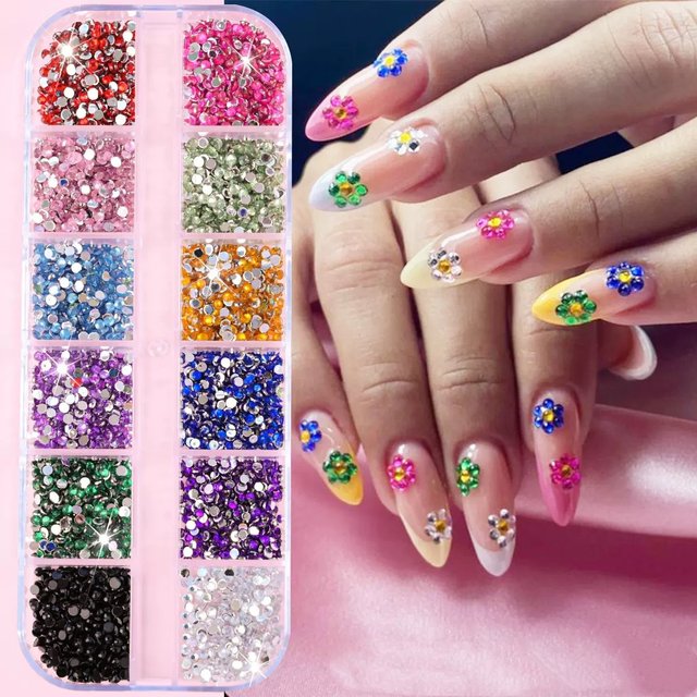 2mm Multicolor Nail Rhinestones Bulk - 12 Grids Flatback Crystal Gems For Nail Art, DIY Crafts & Face Decoration