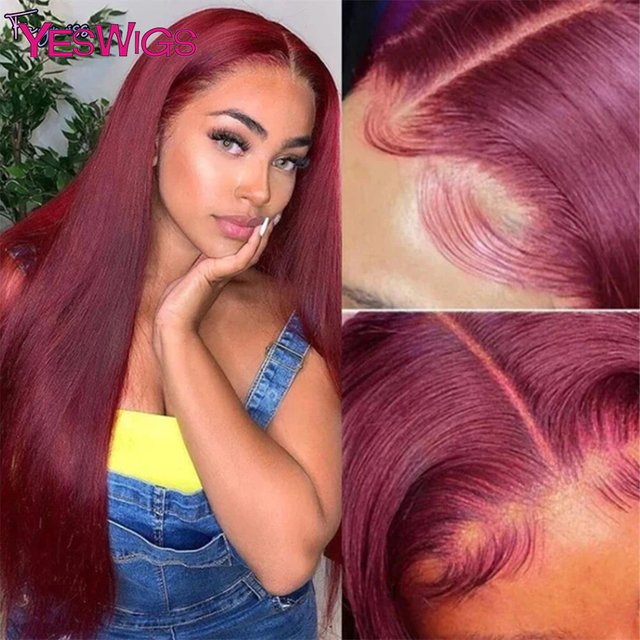 hot selling hot selling 13x4 Glueless Bury 99J Colored Straight Front Human Hair Wigs for women HD Transparent Lace Frontal Closure Wig On Sale