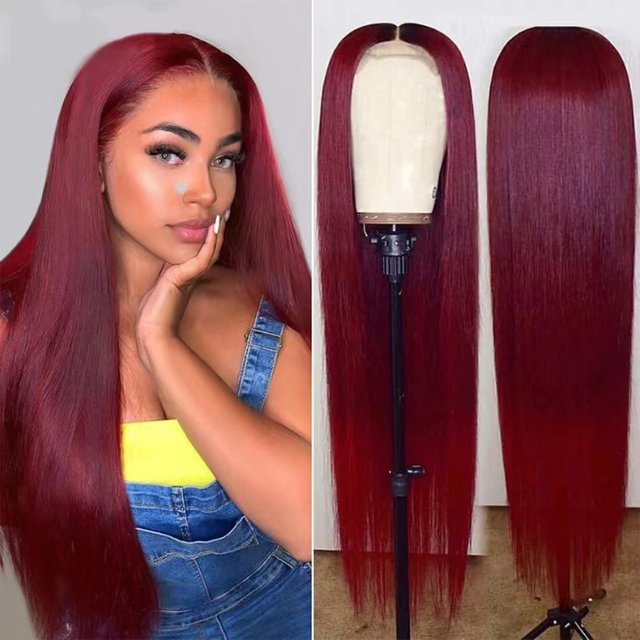 Wig woman wine red long straight hair with long bangs fashion chemical fiber headgear