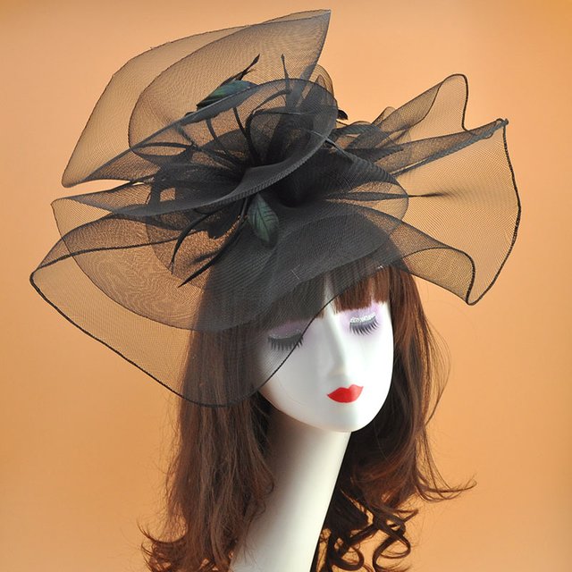 Women Large Organza Top Flower Fascinator Hat Exaggerated Feather Chiffon Kentucky Derby Wedding Party Bridal Headwear