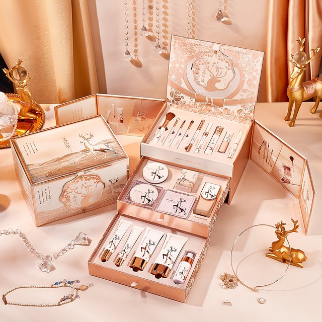 Luxurious All-in-One & Skincare Gift Set - Elegant Rose Golden Box With Deer Motif, Complete Cosmetic Kit Beginners,