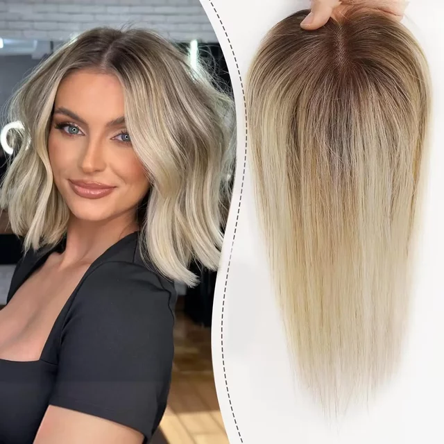 Blonde Brown Ombre Remy Human Hair Topper HairPieces for women 150 Density Silk Base 3Clip in 12inch Hair Toppers
