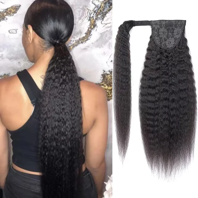 Kinky Straight Human Hair Ponytail Extension Yaki Straight for women Wrap Around Natural Black Color