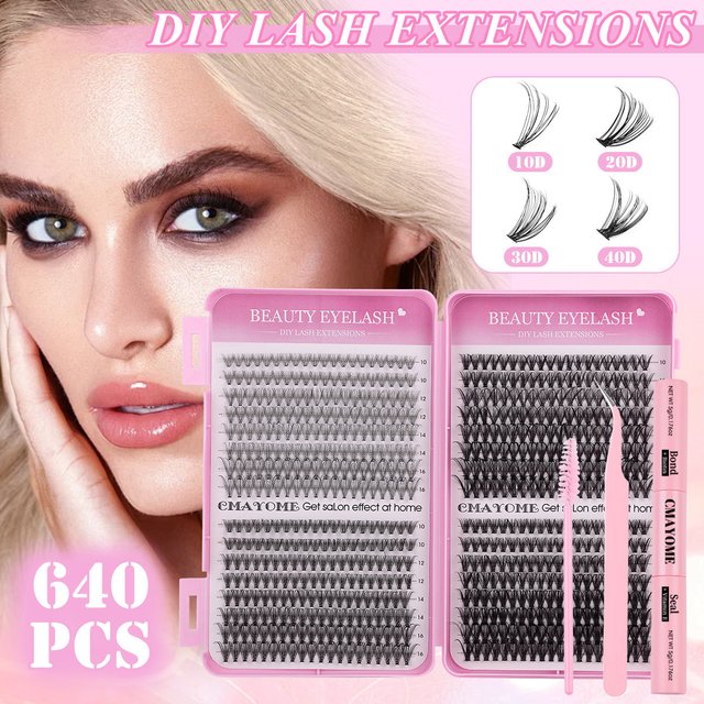 CMAYOME 640 Clusters DIY Eyelash Extensions - Natural Volume D-Curl Flare Lashes, 3-Piece Set