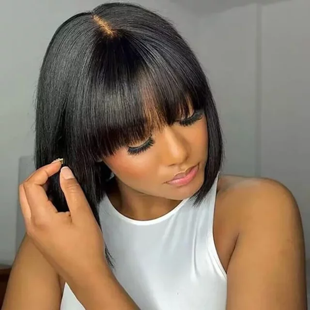 Short Bob Wigs With Bangs Straight Bob Wig With Bangs Glueless Human Hair Wigs 100% Ready To Go Straight Hair Bob Wigs Brazilian