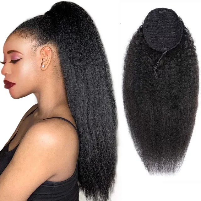 Kinky Straight Human Hair Ponytail Extension Yaki Drawstring Natural Black for women