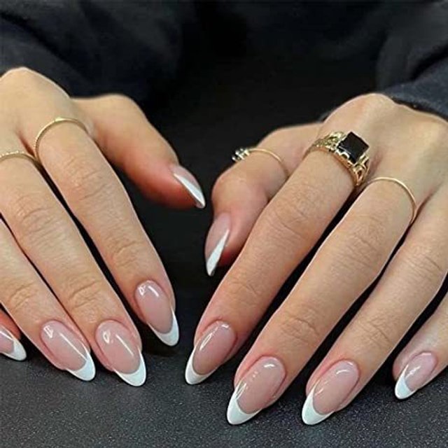 French Tip Almond Press-On Nails - Natural White False Nails With Glue & Gel Tabs, Reusable Fake Nails for women