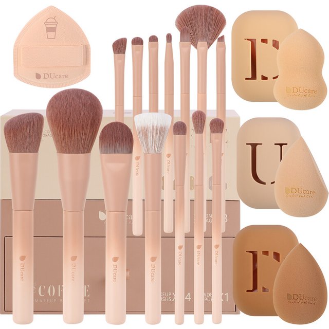 DUcare The Coffee Series Luxury Makeup Brushes 14Pcs and 3Pcs Make up Sponges for Holiday Gifts with Elegant Gift Box
