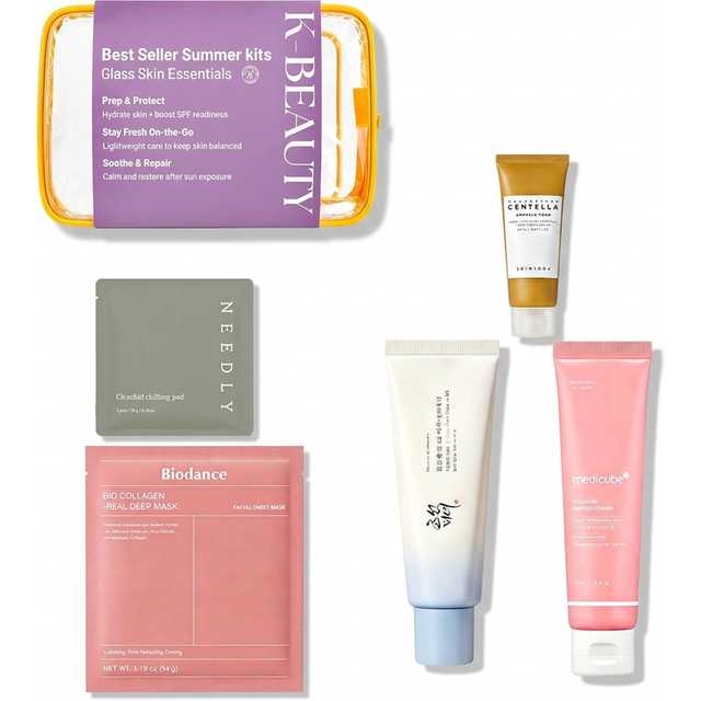 Joybuy K-Beauty Summer Edition: Sun Care & Recovery 5-Piece Glass Skin Routine with Travel Pouch - Korean Skincare (Medicube, Beauty of Joseon, Biodance, SKIN1004, NEEDLY)