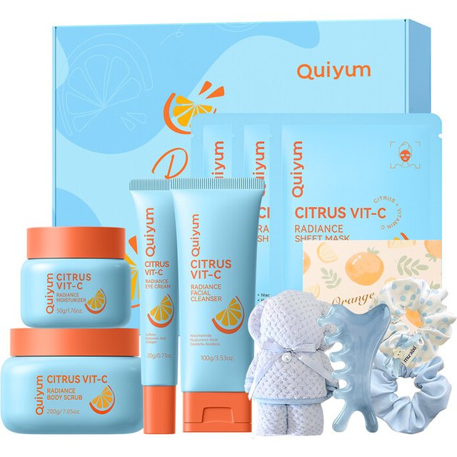QUIYUM New Year Gift Citrus Vitamin C Skincare Set (11pcs) - Facial Cleanser 100g, Eye Cream 20g, Face Cream 50g, Body Scrub 200g, Face Mask 25g×3, with Hair Ties×2, Facial Massage Comb, Teddy Bear Towel