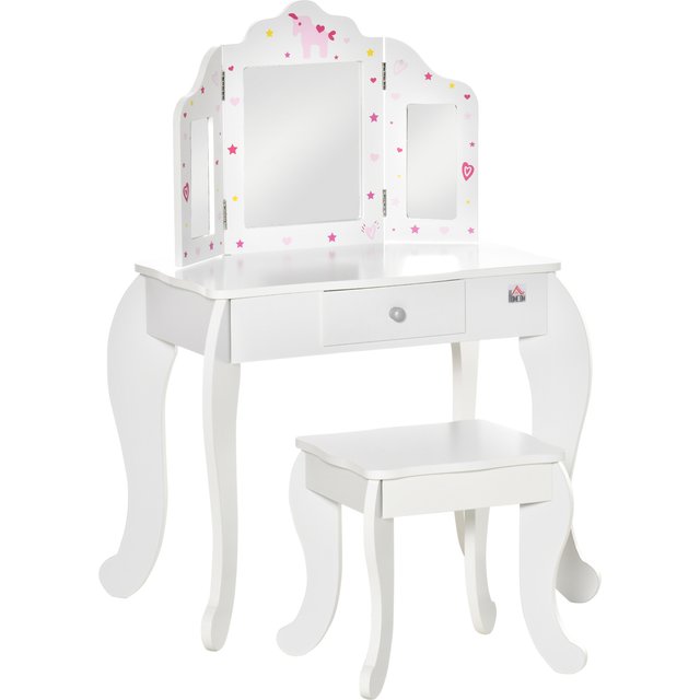 HOMCOM Kids Vanity Table & Stool Girls Dressing Set Make Up Desk Chair Dresser Play Set with Rotatable Mirrors Drawer Star & Heart Pattern White | Aosom Ireland