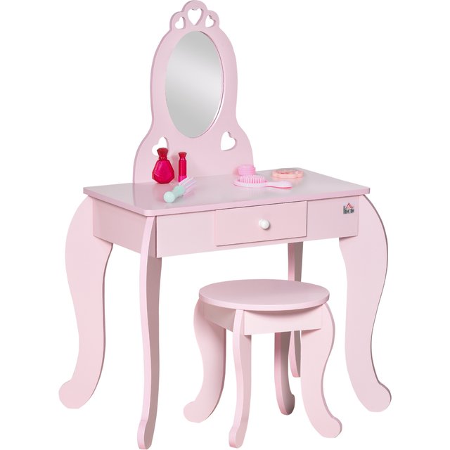 HOMCOM Kids Vanity Table & Stool Girls Dressing Set Make Up Desk Chair Dresser Play Set with Mirror Pink Aosom UK