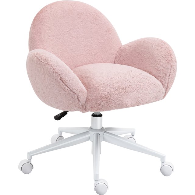 HOMCOM Fluffy Leisure Home Office Chair with Backrest and Armrest, Makeup Chair with Wheels for Bedroom Living Room, Pink Aosom UK