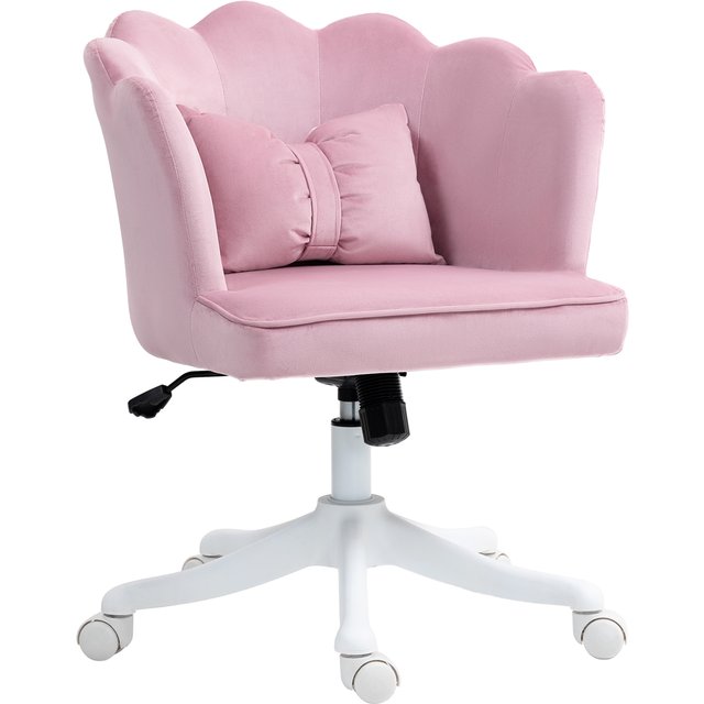HOMCOM Velvet Office Chair with Petal Shell Back and Lumbar Pillow, Armless Desk Chair with Wide Seat and Tilt Function, Height Adjustable Swivel Makeup Vanity Chair for Bedroom, Pink