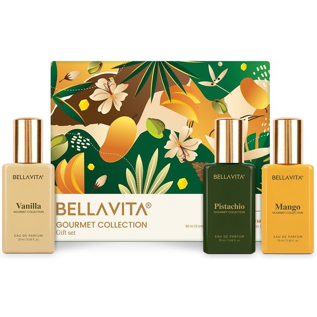 Bellavita Collection Gourmet Coffret Cadeau 3x20ml Parfum Longue Tenue pour Hommes et Femmes Vanille Mangue Musc Blanc Fragrance Fruitée
