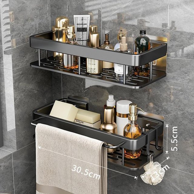 Badezimmerregale ohne Bohren, rostfreies Aluminium, Duschwandregal, Shampoo-/Handtuchhalter, Badezimmer-Organizer, Zubehör black