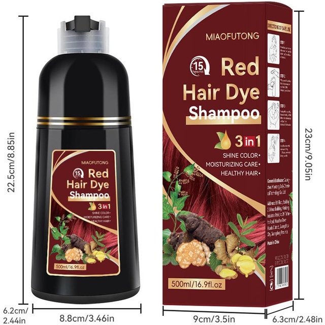 Braunes Haarfarbe Shampoo 3 in 1, Feuchtigkeit spendend, Pflegend, Natürliche Ingwer-Formel 500ml rot