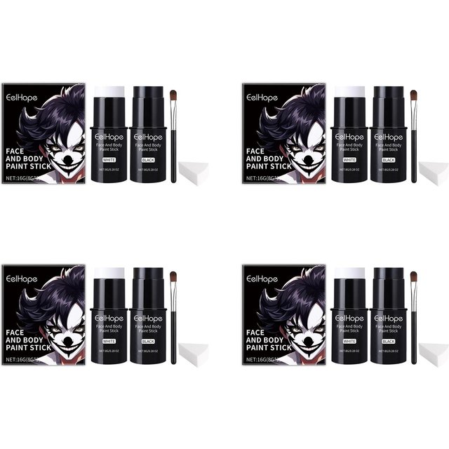 Schwarz-Weiß Gesicht Körperfarbe Set mit Pinseln Lang anhaltend Halloween Festlicher Spaß DIY Cosplay Themenpartys Make-up Zubehör Set black